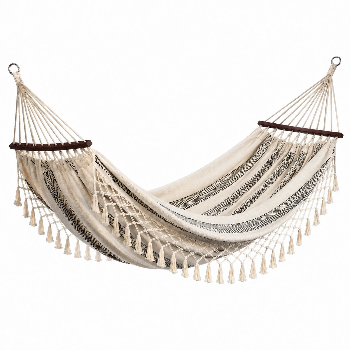 Amaca in cotone con frange e rete decorativa 200x150 cm crema e nero