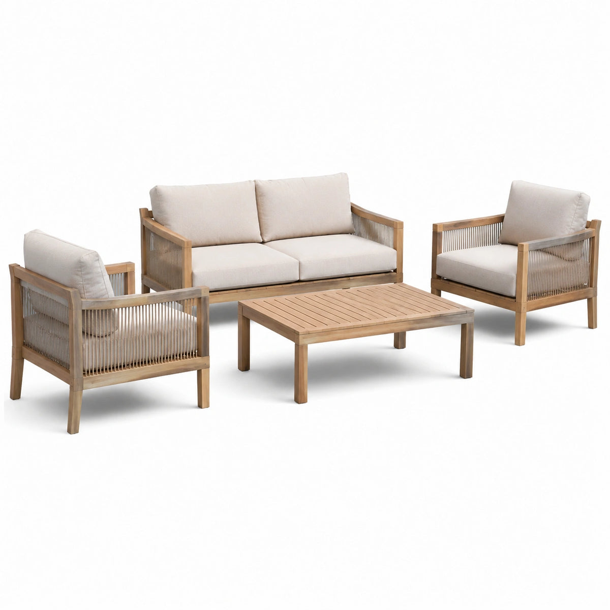 Set da salotto in legno teak con cuscini in poliestere beige