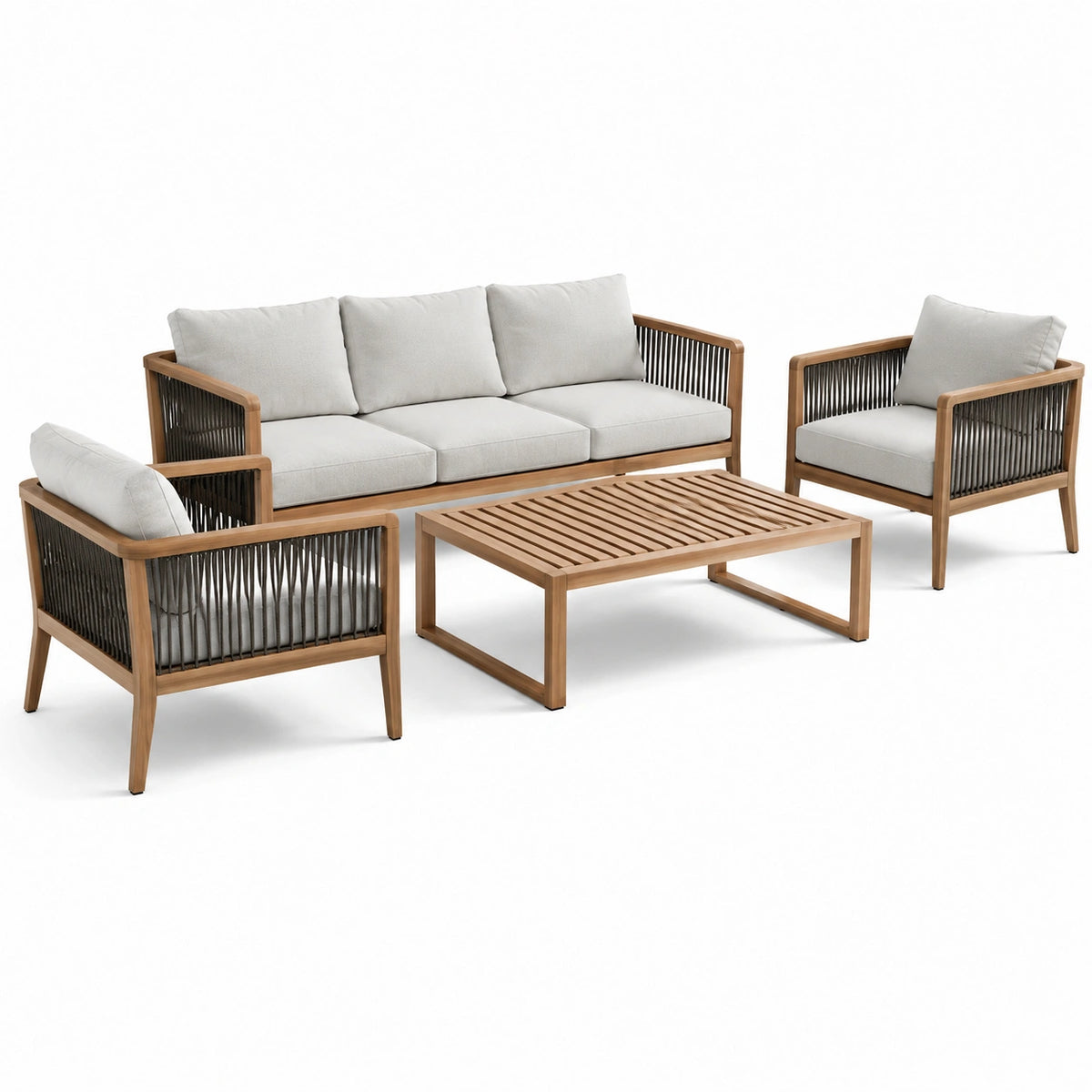 Set da giardino in legno di teak con cuscini in poliestere grigio chiaro
