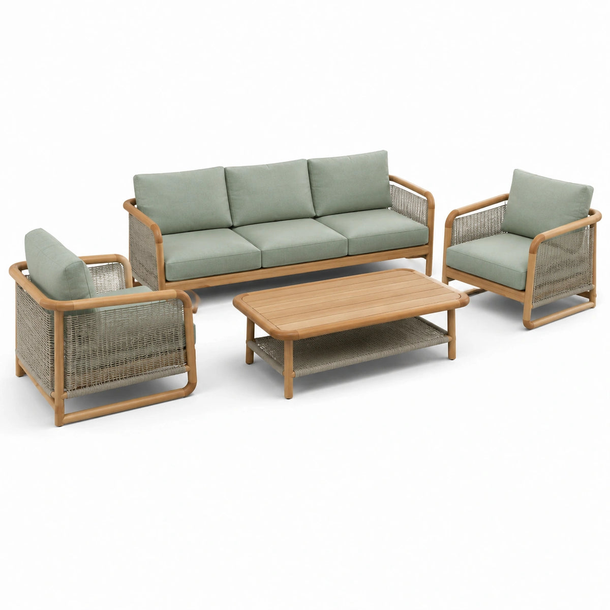 Set salotto da giardino in legno di teak e rattan con cuscini verdi