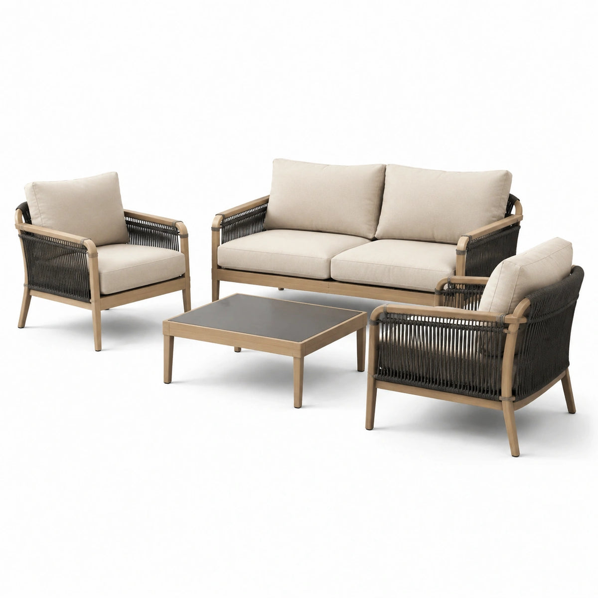 Set da salotto da giardino in alluminio e corda con cuscini beige e nero