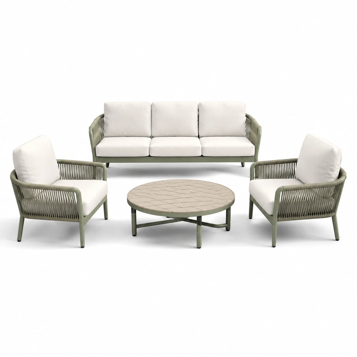 Set mobili da giardino in metallo verde con cuscini bianchi