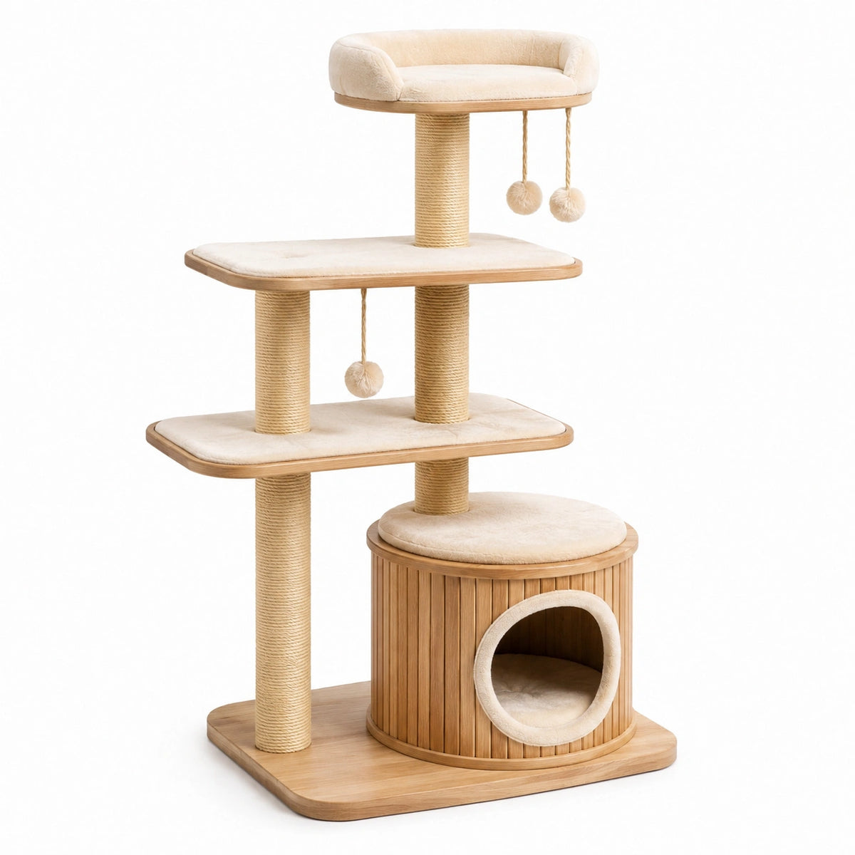 Piattaforma Tiragraffi per Gatti in Legno di Bambù e Peluche Beige