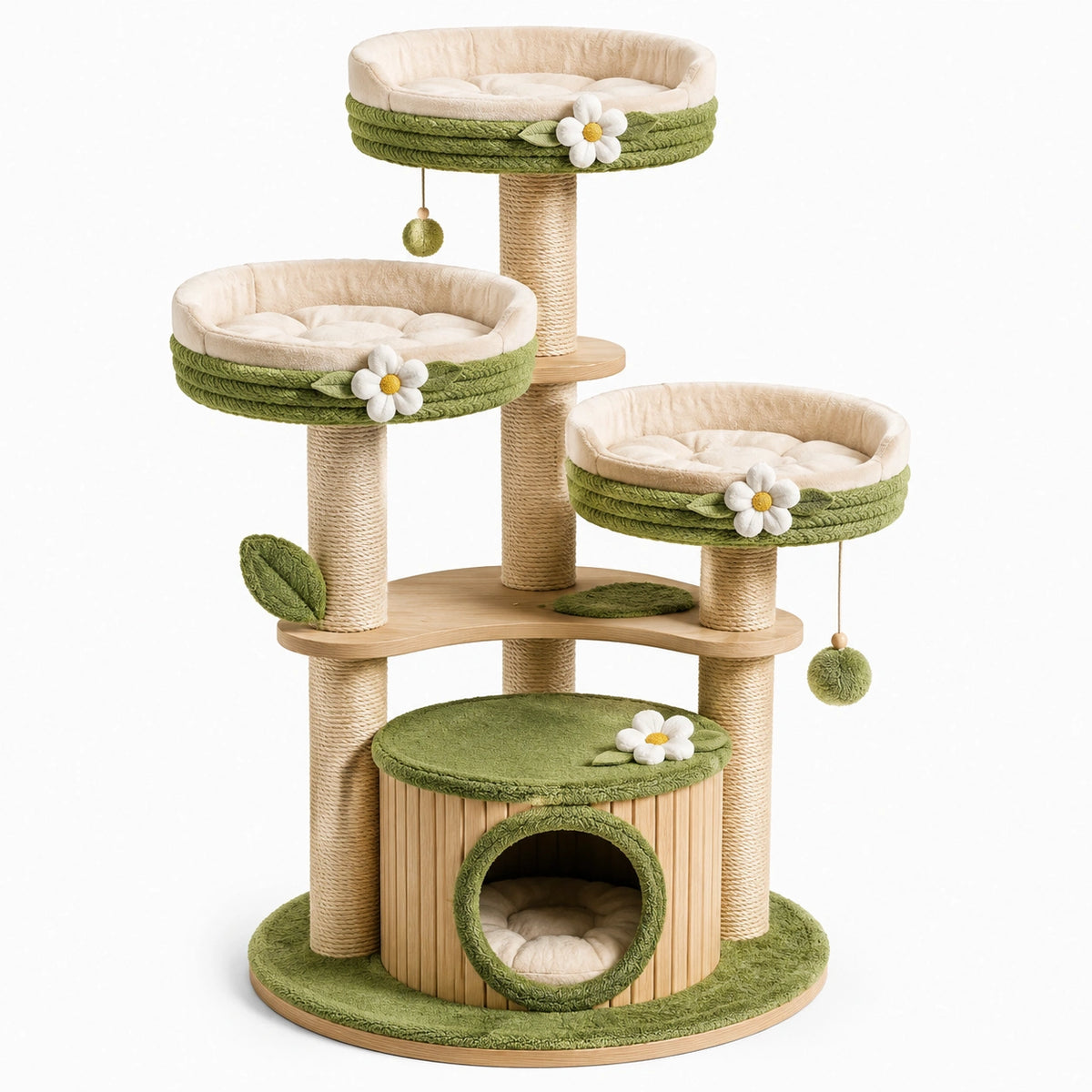 Tiragraffi in Legno e Sisal con Piattaforme Verde e Beige