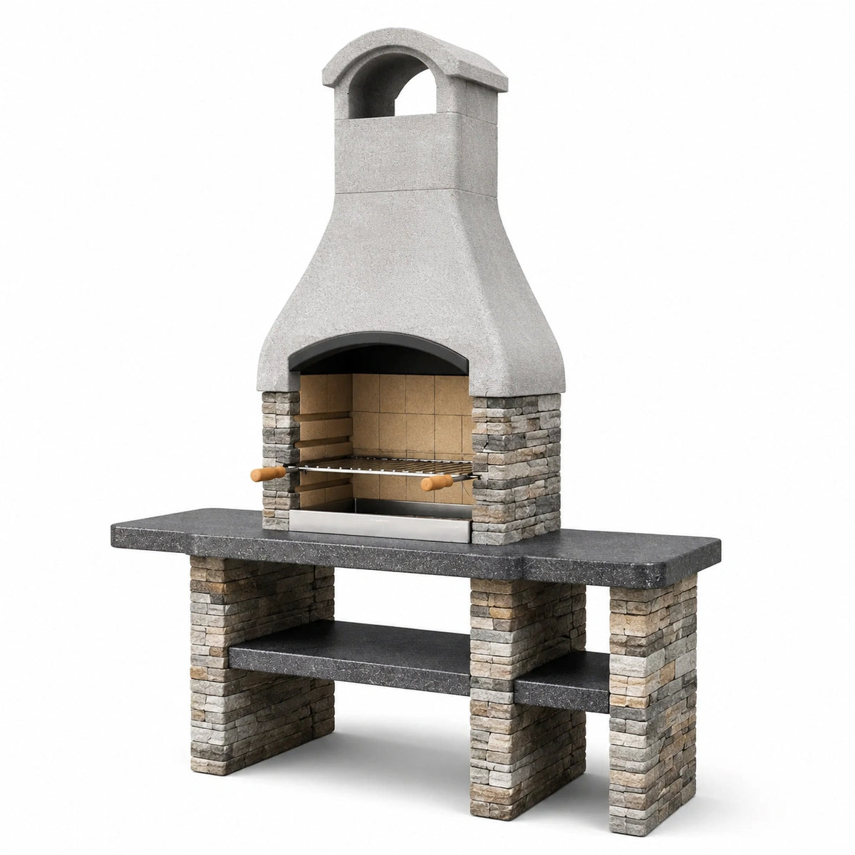 Barbecue in pietra naturale e cemento con camino e griglia