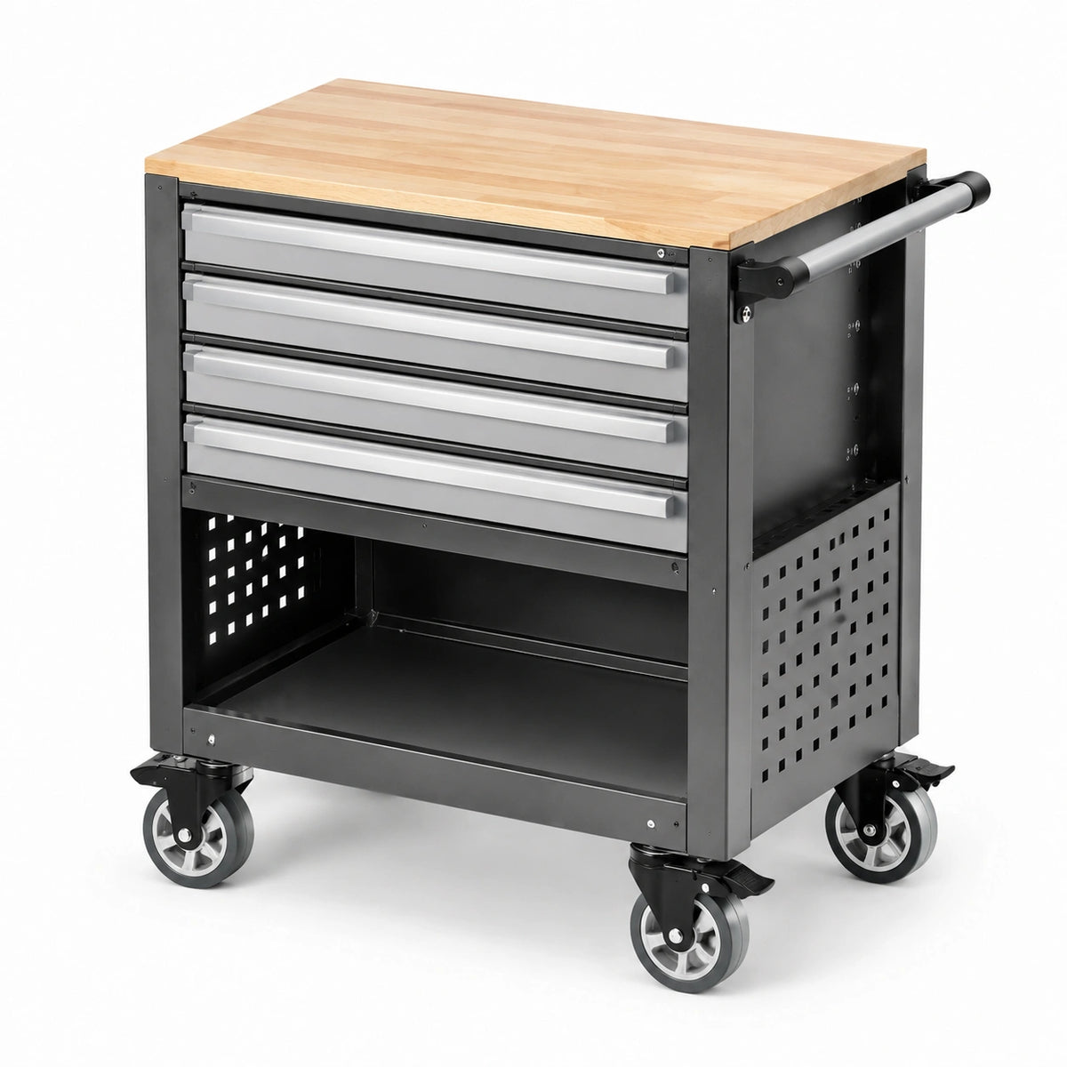 Carrello portautensili in metallo con piano in legno e cassetti grigi