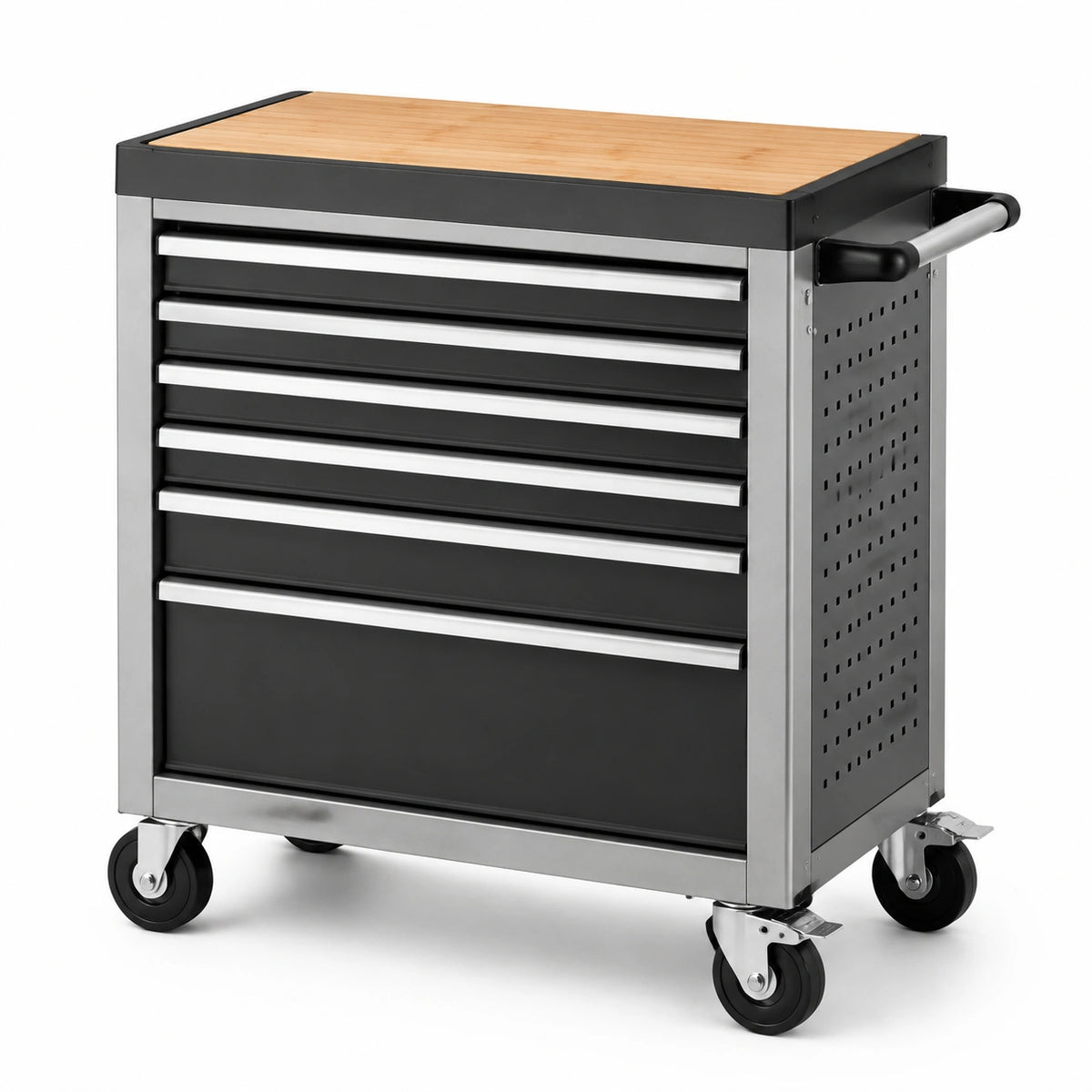 Carrello portautensili in metallo nero con piano in bambù