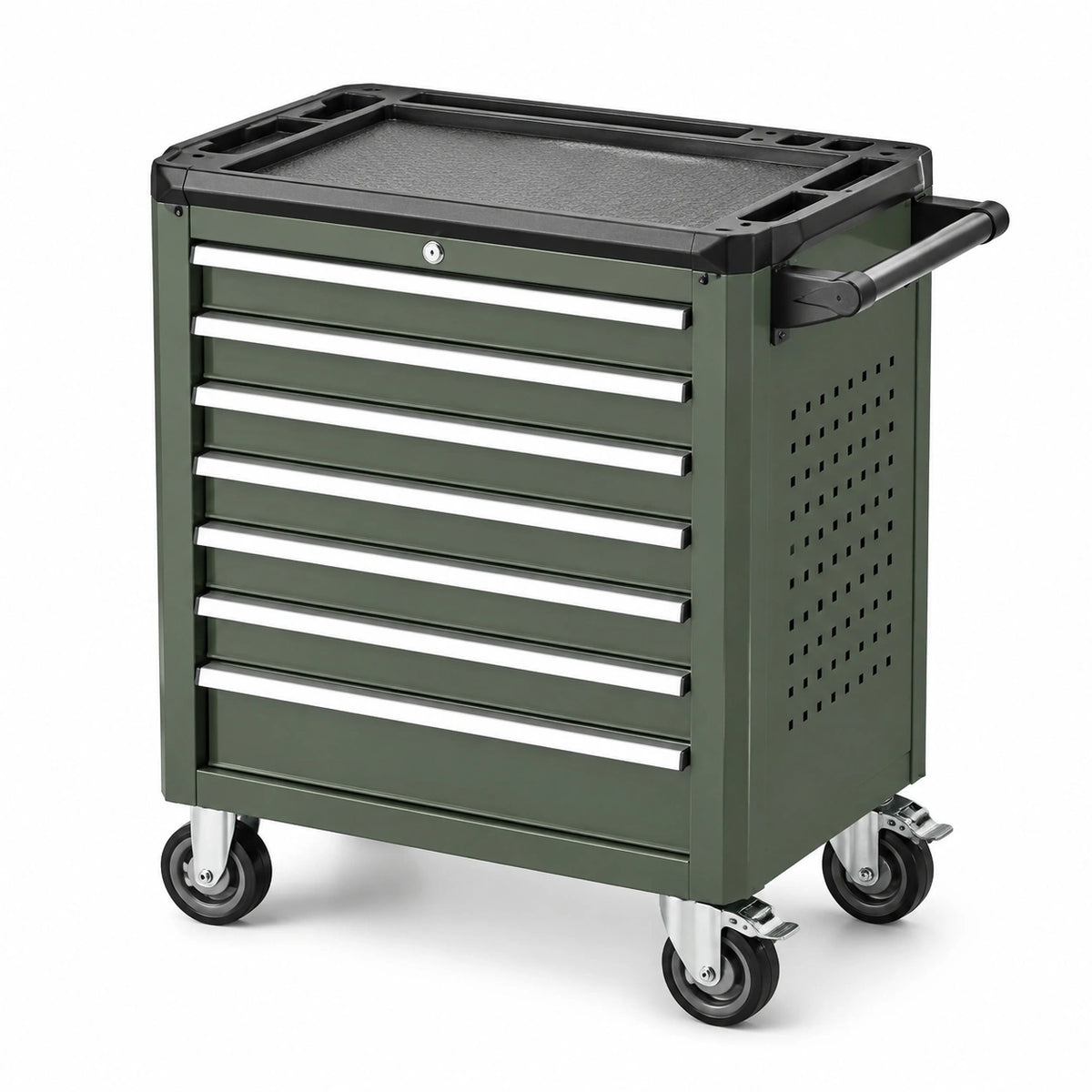 Carrello portautensili in acciaio verde con 7 cassetti