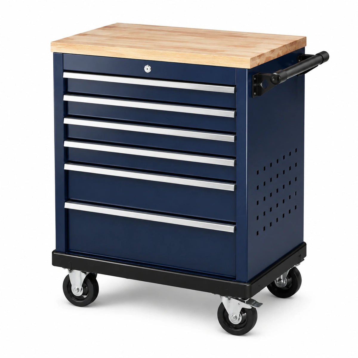 Carrello portautensili in metallo blu con piano in legno a 7 cassetti