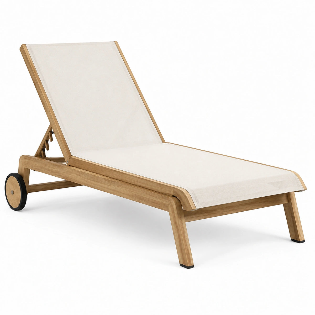 Sdraio in legno di teak regolabile con tessuto textilene beige e ruote