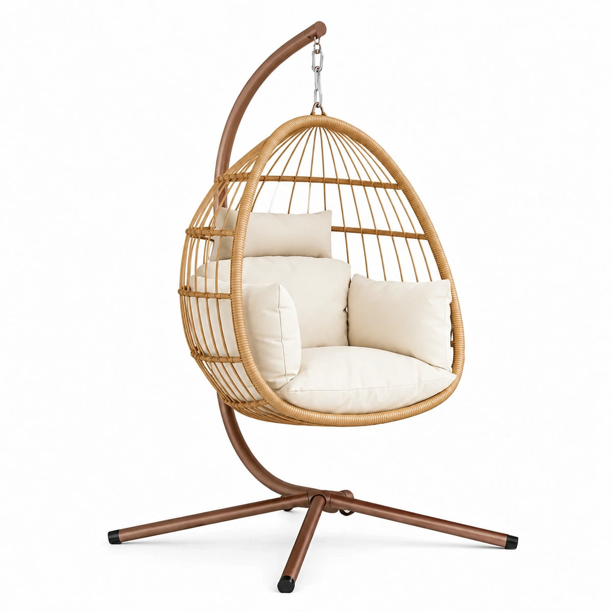 Poltrona sospesa in metallo e rattan sintetico con cuscini beige