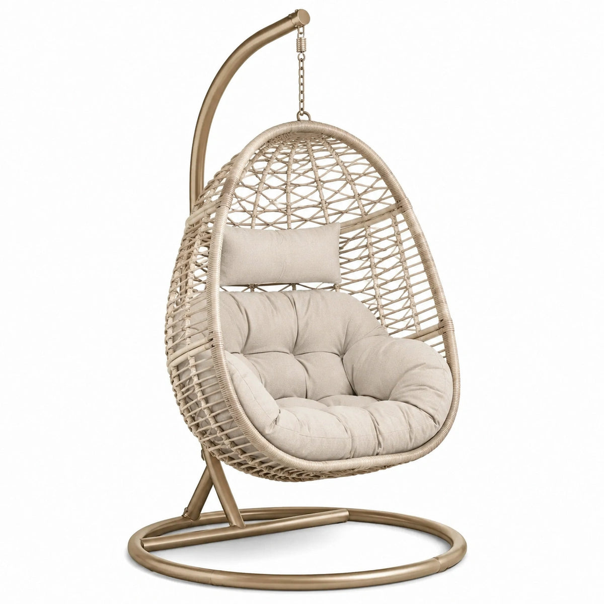 Poltrona sospesa in rattan e acciaio con cuscino crema