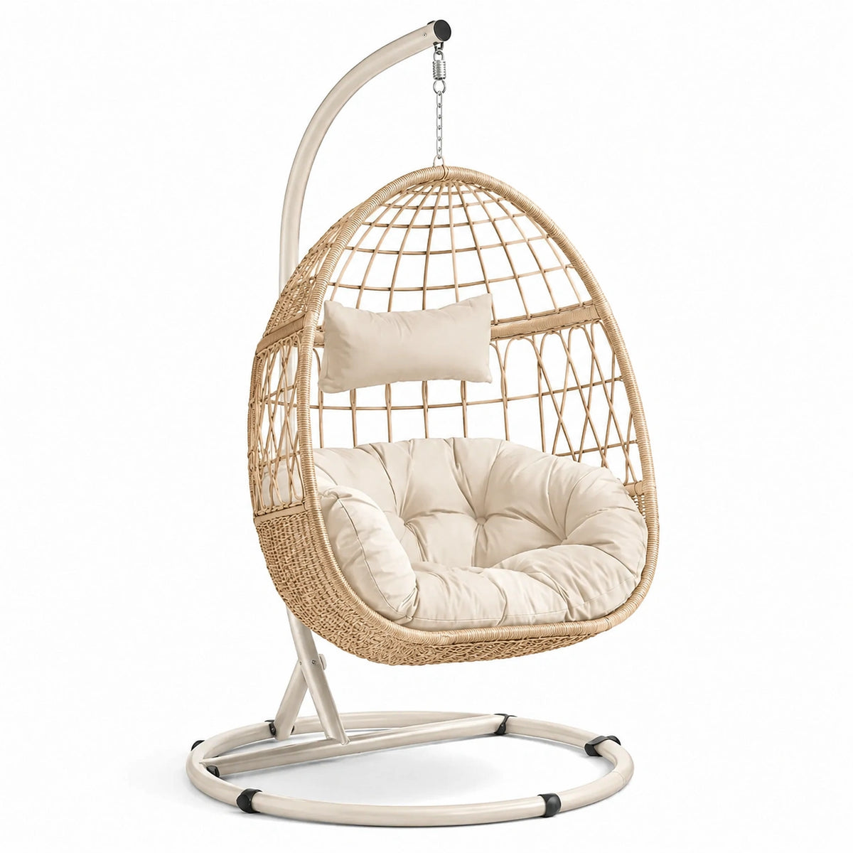 Poltrona sospesa in rattan con cuscino beige e struttura in acciaio