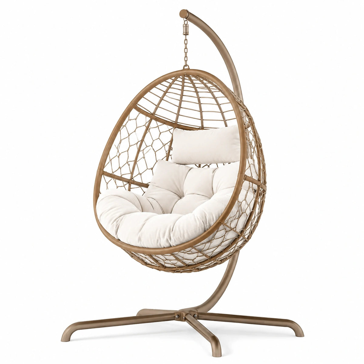 Sedia sospesa in metallo e rattan con cuscini bianchi
