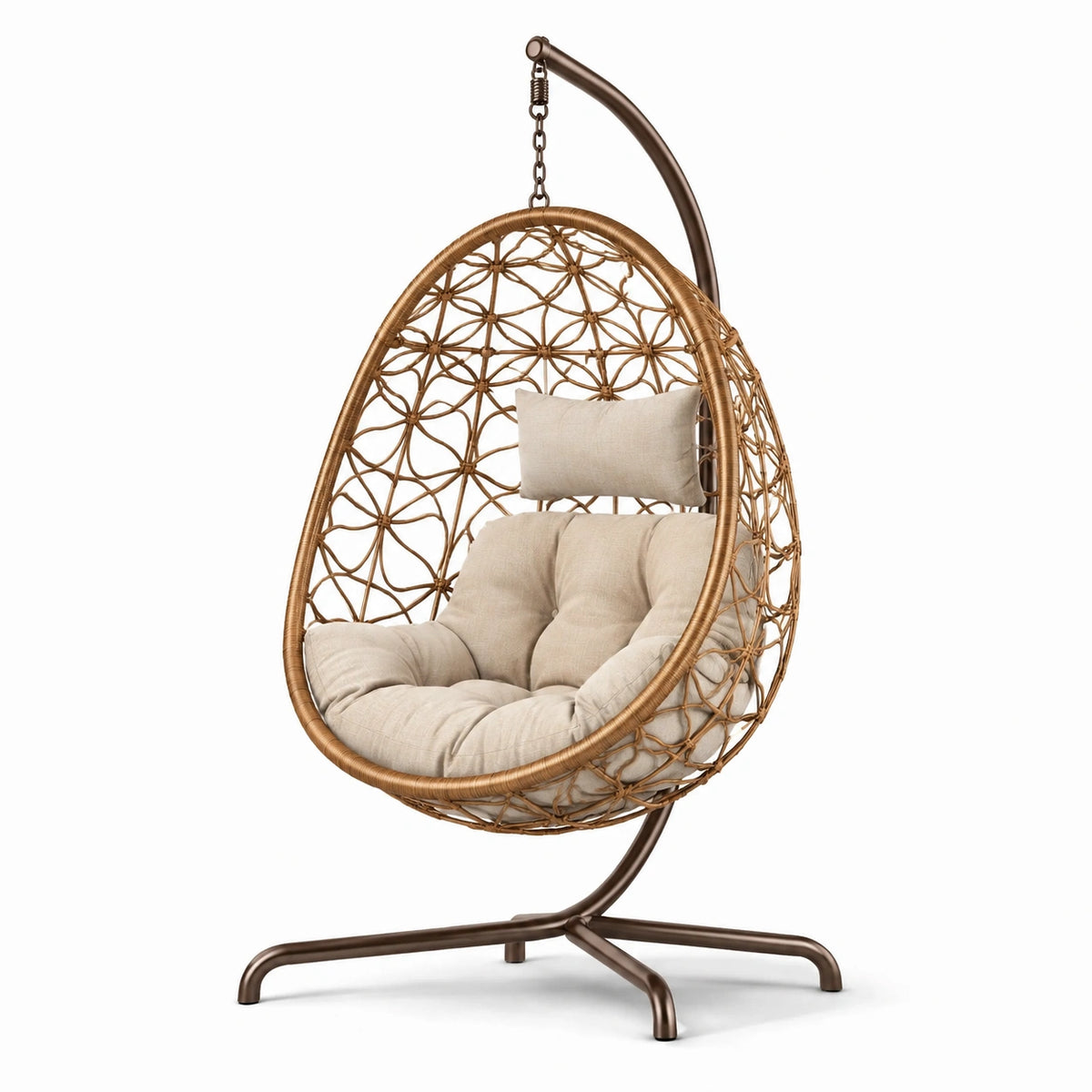Sedia Sospesa a Uovo in Rattan con Struttura in Metallo e Cuscino Beige