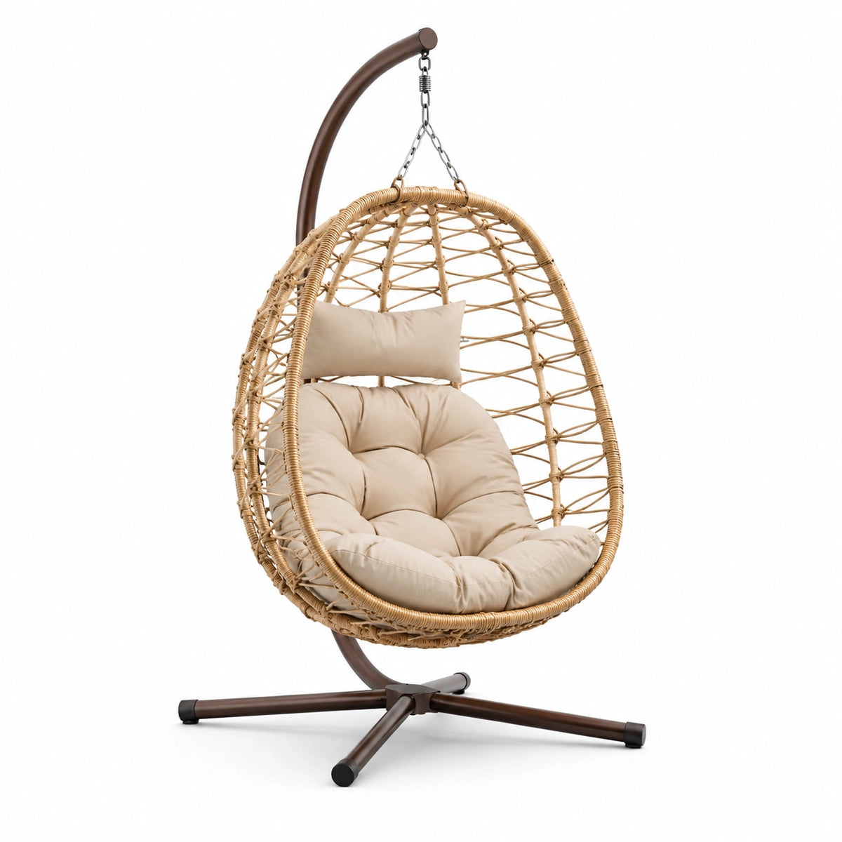 Sedia a dondolo sospesa in vimini sintetico con cuscino beige e struttura in acciaio