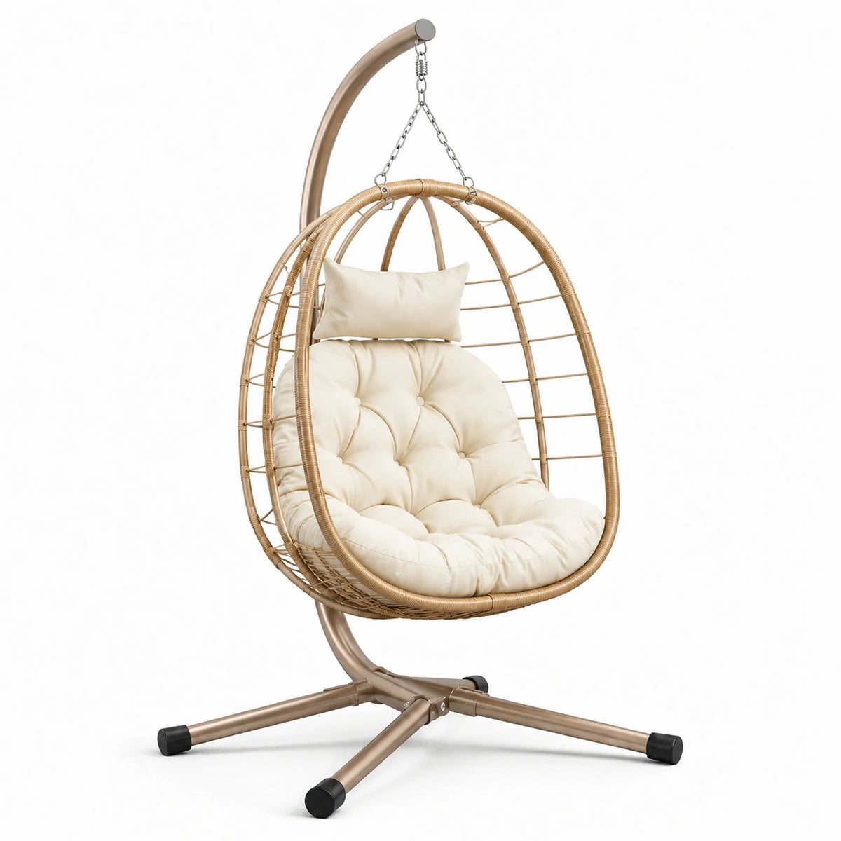 Sedia a dondolo sospesa in rattan con cuscino crema e struttura in metallo