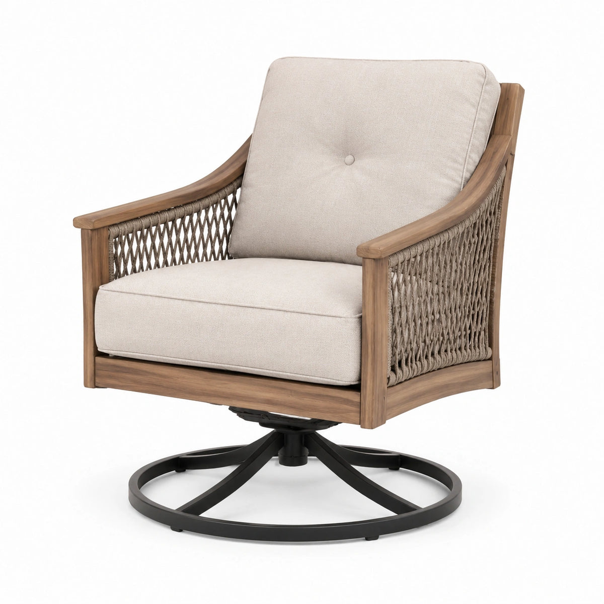 Poltrona girevole in legno e acciaio con cuscino beige