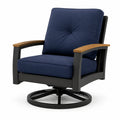 Sedia girevole in metallo e legno con cuscini blu