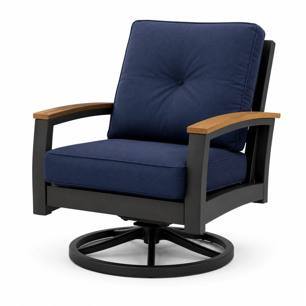 Sedia girevole in metallo e legno con cuscini blu