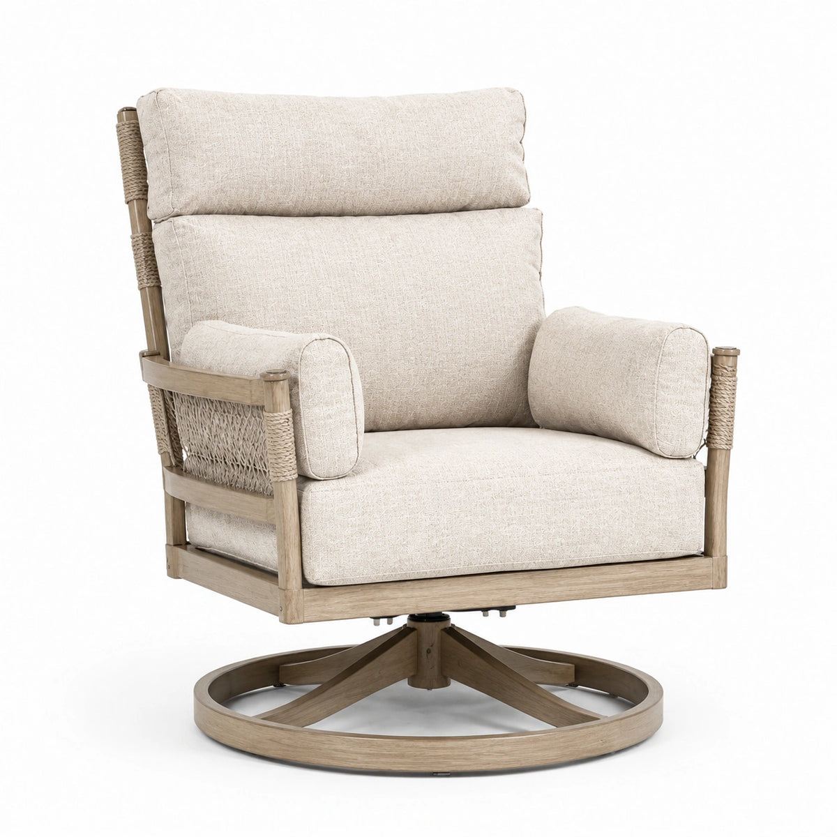Poltrona Girevole in Legno e Tessuto Beige