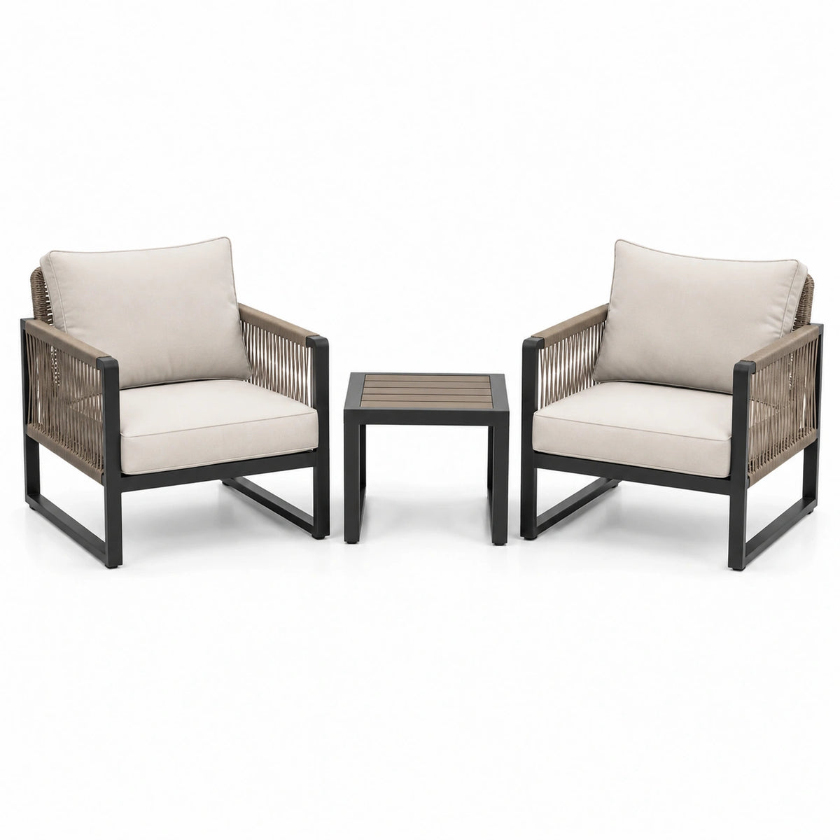 Set di poltrone da esterno in alluminio e corda con tavolino, cuscini beige, telaio nero