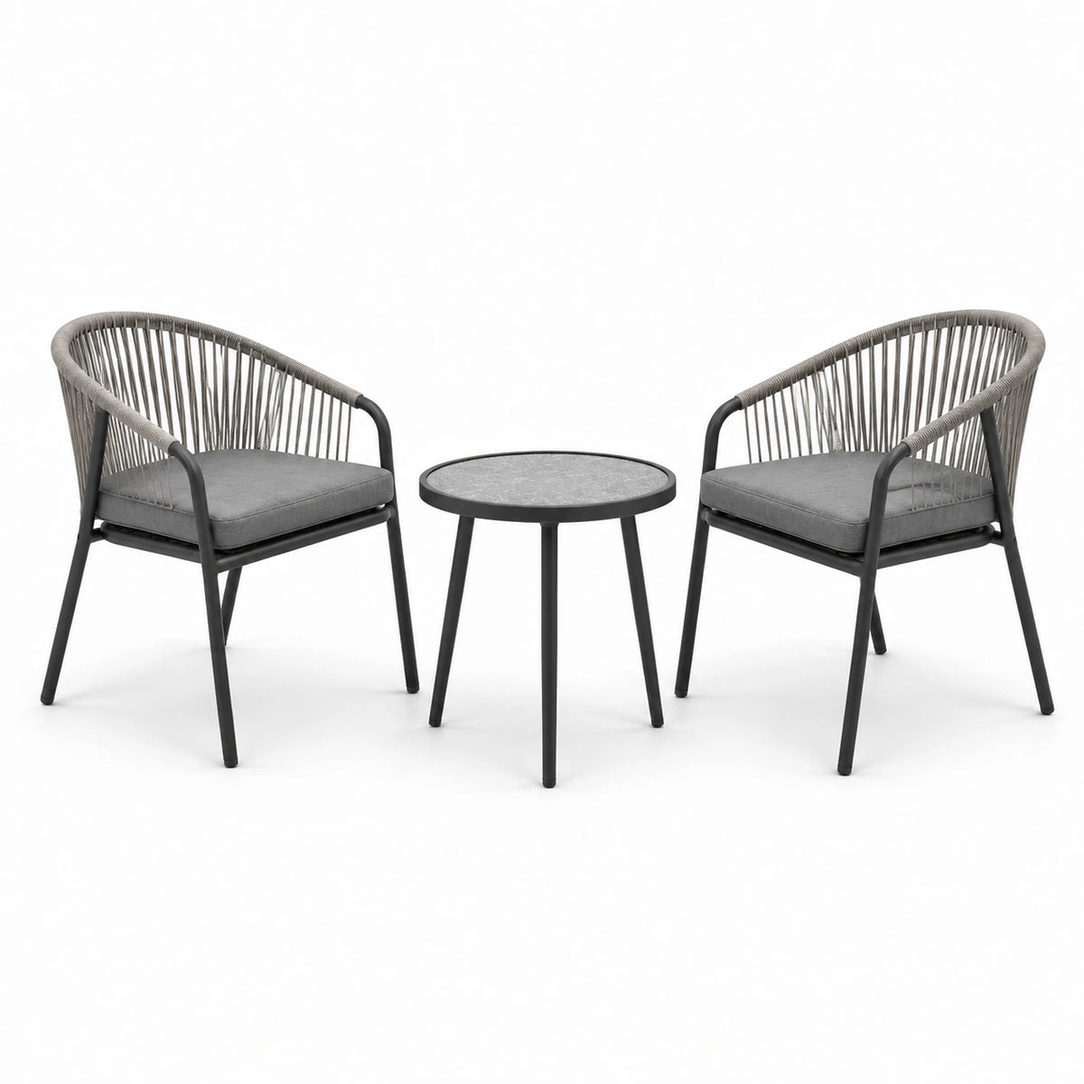 Set da Giardino con 2 Sedie e Tavolo in Metallo e Corda Grigio