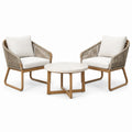 Set da bistrot in legno e corda con sedie e tavolo rotondo, cuscini color crema