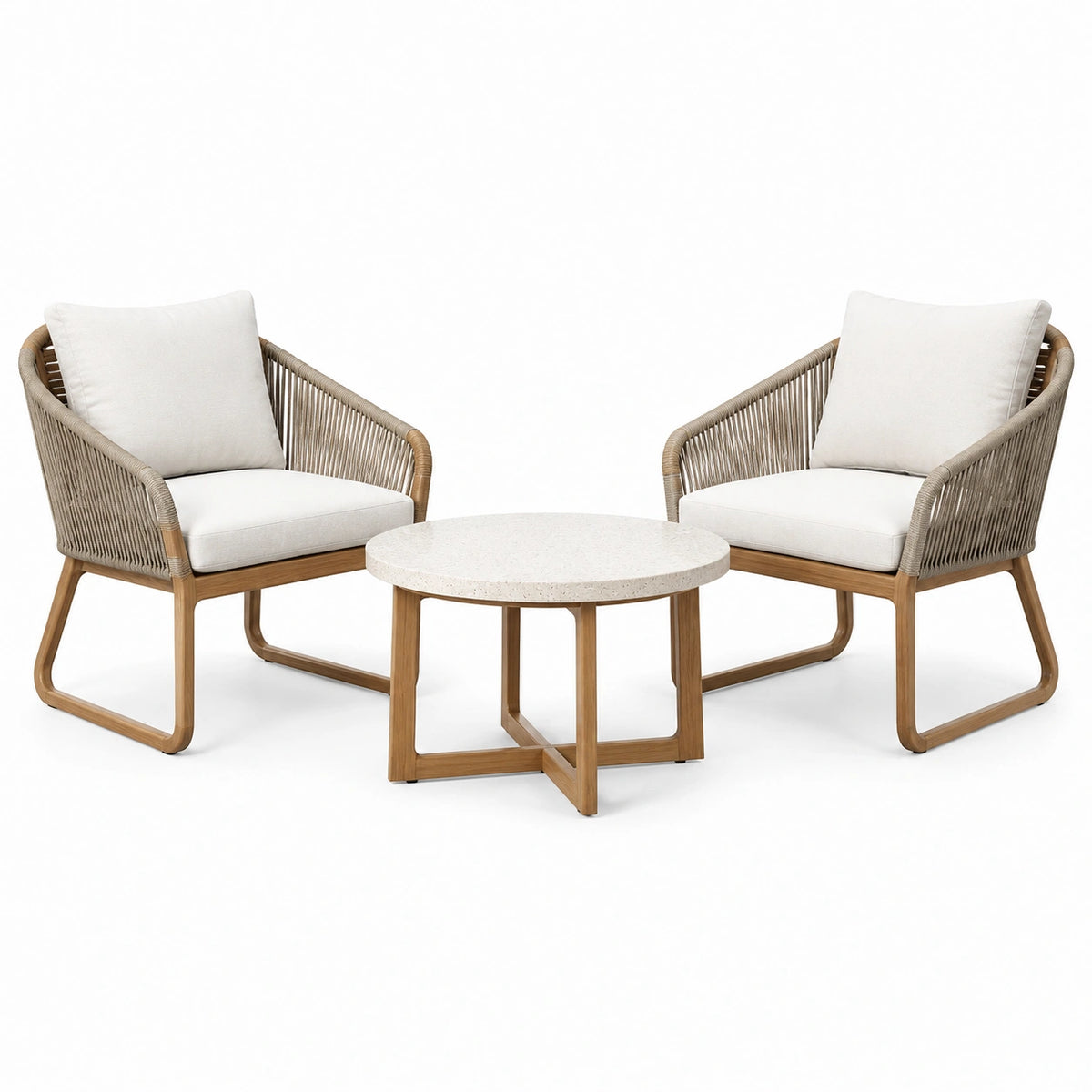 Set da bistrot in legno e corda con sedie e tavolo rotondo, cuscini color crema