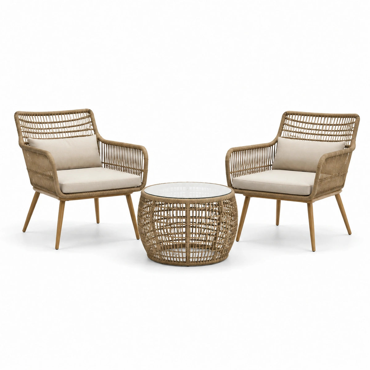Set da giardino in rattan sintetico con cuscini beige e tavolo in vetro temperato